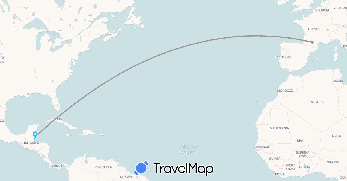 TravelMap itinerary: driving, bus, plane, boat in Belize, France (Europe, North America)